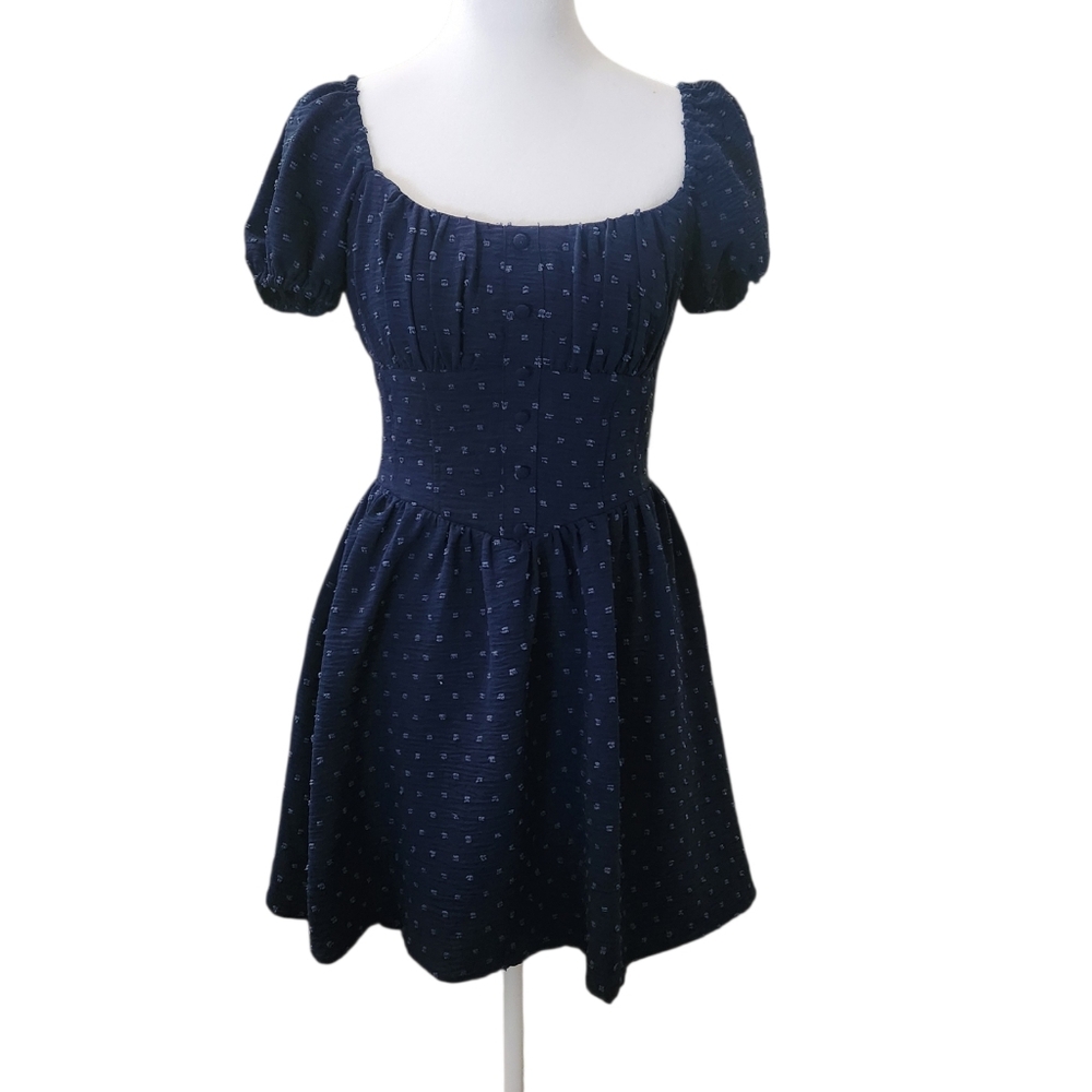 Swiss Dot Navy Blue Mini Puff Sleeve Dress Square Neck Button Front Size 5